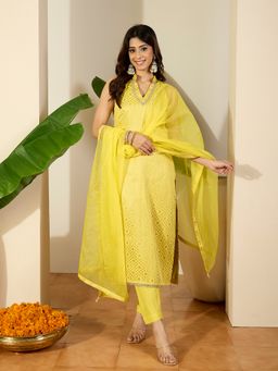 INDDUS - women Ethnic Motifs Zari Woven Design Kurta with Pant & Dupatta
