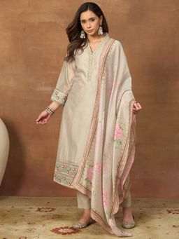 INDDUS - Women Floral Thread Embroidered Kurta with Pant & Dupatta