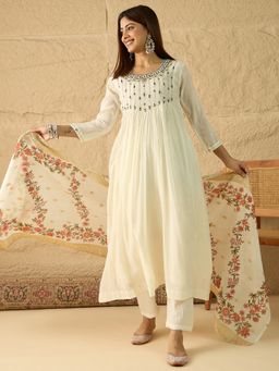 INDDUS - Women Ethnic Motifs Thread Embroidered Yoke Design Kurta with Pant & Dupatta