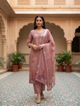 INDDUS - Women Floral Printed Hand Embroidered Kurta with Pant Dupatta