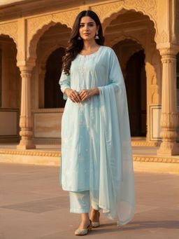 INDDUS - Women Floral Thread Embroidered Kurta with Pant & Dupatta