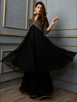 INDDUS - Women Zari Embroidered Flared Anarkali Kurta with Sharara