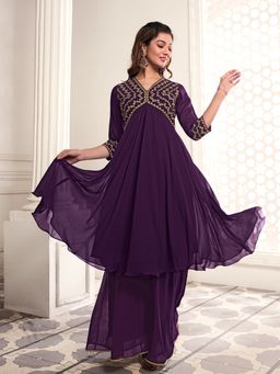 INDDUS - Women Floral Embroidered Empire Yoke Design Anarkali Kurta with Sharara