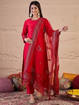 INDDUS - Women Abstract Printed Sequinned Embroidered Kurta with Pant Dupatta