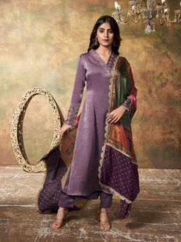 INDDUS - Women Velvet Ethnic Zari Embroidered Anarkali Kurta with Pant & Dupatta