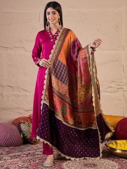 INDDUS - Women Ethnic Motifs Zari Embroidered Yoke Design Anarkali Kurta with Pant & Dupatta