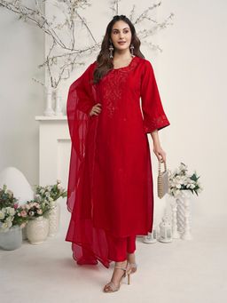 INDDUS - Women Self Tone Resham Embroidered Kurta with Pant & Dupatta