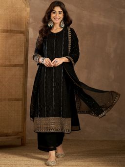 INDDUS - Women Striped Mukaish Embroidered Straight Kurta with Pant & Dupatta