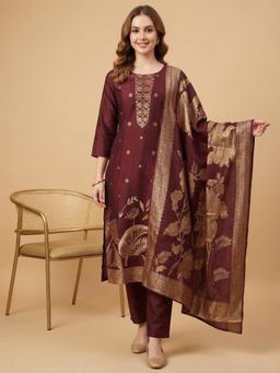 DISHWA FASHION - Women's Muslin Silk Printed Brown Kurta with Pant & Dupatta