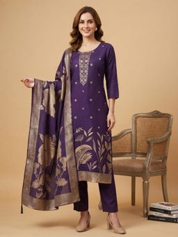 DISHWA FASHION - Women's Muslin Silk Printed Purple Kurta with Pant & Dupatta