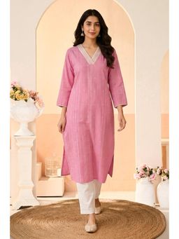 MEENA BAZAAR Since 1970 - Pink Floral Printed Cotton Long Kurta with Pant