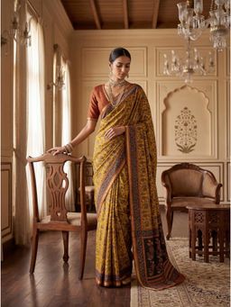 KRISHREE - Mustard Yellow Pure Cotton Floral Printed Saree