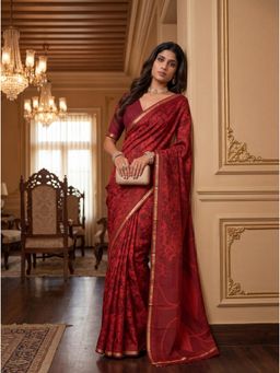 KRISHREE - Royal Red Pure Cotton Floral Printed Saree
