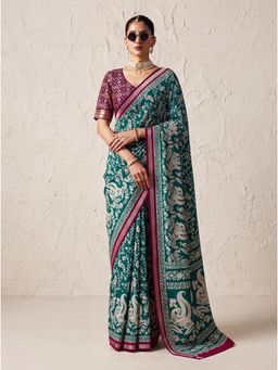 KRISHREE - Teal Green Pure Cotton Floral Printed Saree