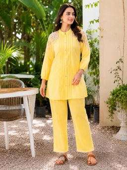 Nayam by lakshita - Women Embroidered Mandarin Collar Yellow Kurti with Pant