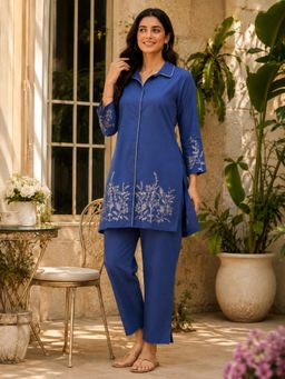 Nayam by lakshita - Women Floral Embroidered Shirt Collar Blue Kurti with Pant