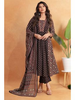MEENA BAZAAR Since 1970 - Black Ajrakh Printed Cotton Anarkali Kurta with Pant & Dupatta