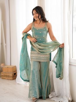 DISHWA FASHION - Women's Embroidered Silk Blend Blue Kurti with Palazzo & Dupatta