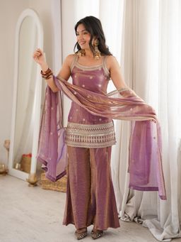 DISHWA FASHION - Women's Embroidered Silk Blend Mauve Kurti with Palazzo & Dupatta
