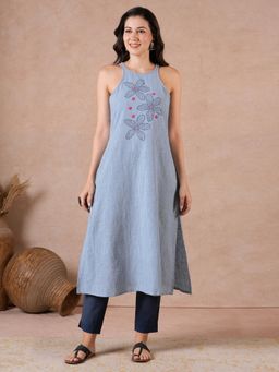 Kami Kubi - A-Line Cotton Hand Block Print & Hand Embroidery Stripe Kurta