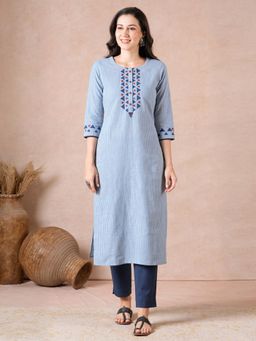 Kami Kubi - Straight Fit Cotton Block Print Stripe Kurta