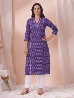 Kami Kubi - Straight Fit Purple Cotton Ikat Kurta