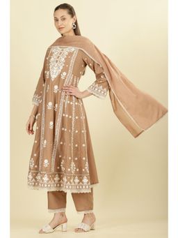 MEENA BAZAAR Since 1970 - Brown Cotton Floral Anarkali Kurta with Pant & Dupatta