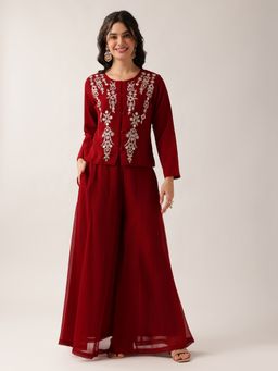 Vbuyz - Women's Maroon Floral Straight Georgette Stitched Co-Ord Set