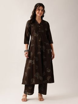 Vbuyz - Women's Brown Floral A-Line Cotton Stitched Kurta With Pant