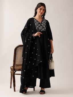Vbuyz - Women's Black Yoke Neck A-Line Cotton Stitched Kurta with Pant & Dupatta