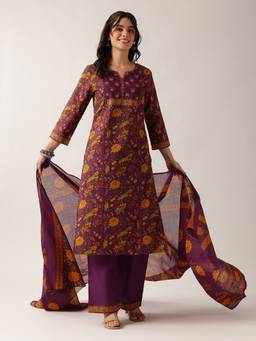 Vbuyz - Women's Purple Floral Straight Cotton Stitched Kurta with Palazzo & Dupatta