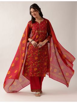 Vbuyz - Women's Red Floral Straight Cotton Stitched Kurta with Palazzo & Dupatta