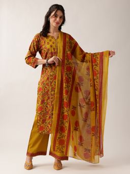Vbuyz - Women's Yellow Floral Straight Cotton Stitched Kurta with Palazzo & Dupatta
