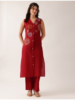Vbuyz - Women's Maroon Resham Embroidery Straight Cotton Stitched Kurta With Pant