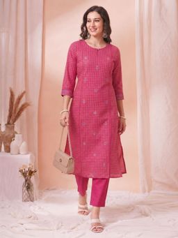 Kami Kubi - A-Line Cotton Checkered Kurta with Floral