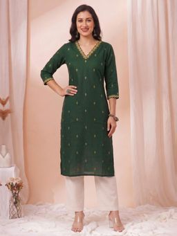 Kami Kubi - Women Green Straight Fit Cotton Woven Kurta