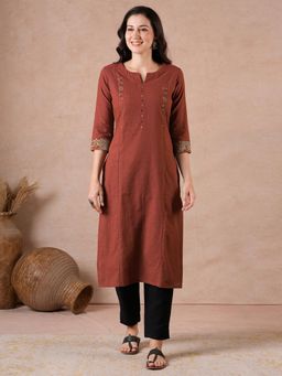 Kami Kubi - Straight Fit Cotton Kurta with Handwork & Kalamkari Trim Detail.