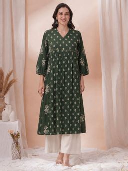 Kami Kubi - Floral Print A-Line Cotton Slub Kurta