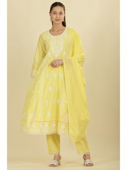 MEENA BAZAAR Since 1970 - Pale Yellow Cotton Floral Anarkali Kurta with Pant & Dupatta