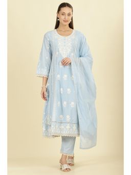 MEENA BAZAAR Since 1970 - Blue Cotton Floral Anarkali Kurta with Pant & Dupatta