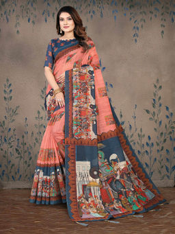 Shrithi Fashion Fab - Women Bollywood Styled Ajrakh Printed Cotton Blend Saree with Unstitched Blouse