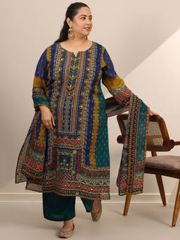 Extra love by Libas - Women Green Embroidered Kurta with Pant and Dupatta