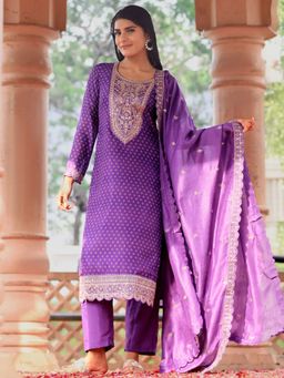 Libas - Women Purple Embroidered Kurta with Pant and Dupatta