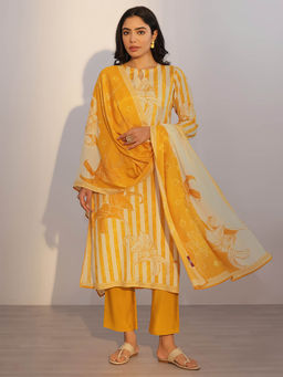 Libas - Women Yellow Stripes Kurta with Pant and Dupatta
