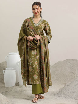 Libas - Women Olive Floral Kurta with Pant and Dupatta