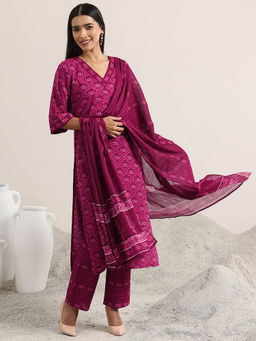 Libas - Women Magenta Floral Kurta with Pant and Dupatta