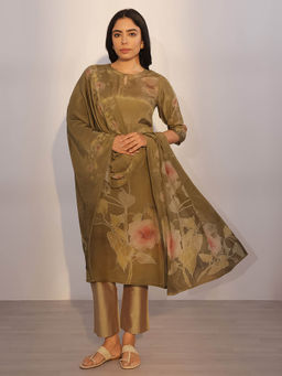 Libas - Women Olive Floral Kurta with Pant and Dupatta