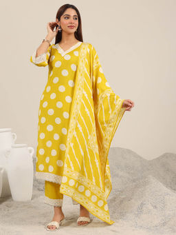 Libas - Women Yellow Polka Dots Kurta with Pant and Dupatta