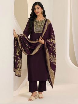 Libas - Women Burgundy Embroidered Kurta with Pant and Dupatta