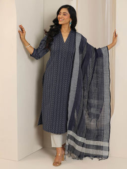 Libas - Women Navy Blue Printed Kurta with Pant and Dupatta